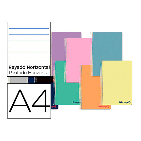 CUADERNO ESPIRAL LIDERPAPEL A4 WONDER TAPA PLASTICO 80H 90GR RAYADO HORIZONTAL CON MARGEN COLORES SU