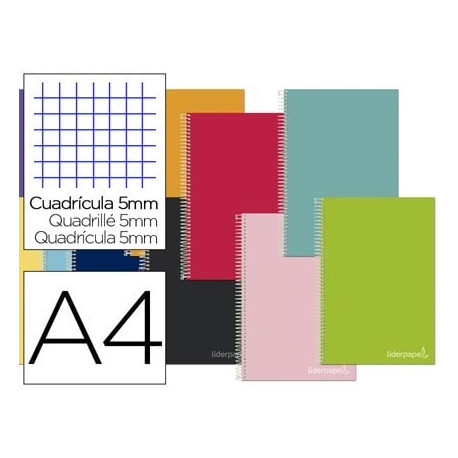 CUADERNO ESPIRAL LIDERPAPEL A4 MICRO JOLLY TAPA FORRADA 140H 75 GR CUADRO 5MM 5 BANDAS4 TALADROS COL