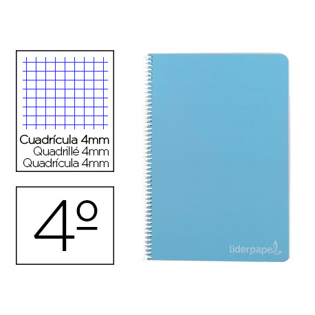 CUADERNO ESPIRAL LIDERPAPEL CUARTO WITTY TAPA DURA 80H 75GR CUADRO 4MM CON MARGEN COLOR CELESTE