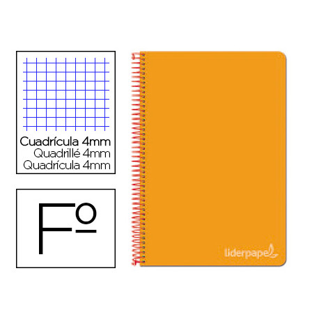 CUADERNO ESPIRAL LIDERPAPEL FOLIO WITTY TAPA DURA 80H 75GR CUADRO 4MM CON MARGEN COLOR NARANJA