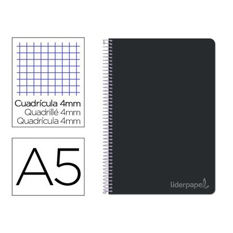 CUADERNO ESPIRAL LIDERPAPEL CUARTO WITTY TAPA DURA 80H 75GR CUADRO 4MM CON MARGEN COLOR NEGRO