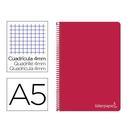 CUADERNO ESPIRAL LIDERPAPEL CUARTO WITTY TAPA DURA 80H 75GR CUADRO 4MM CON MARGEN COLOR ROJO