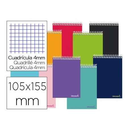 CUADERNO ESPIRAL LIDERPAPEL BOLSILLO OCTAVO APAISADO SMART TAPA BLANDA 80H 60GR CUADRO 4MM COLORES S