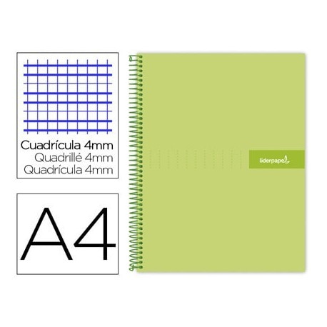 CUADERNO ESPIRAL LIDERPAPEL A4 CRAFTY TAPA FORRADA 80H 90 GR CUADRO 4MM CON MARGEN COLOR VERDE