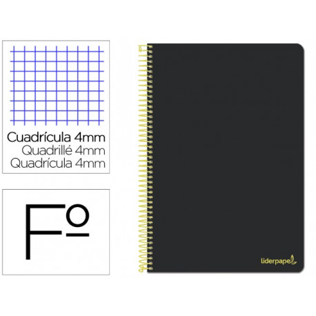 CUADERNO ESPIRAL LIDERPAPEL FOLIO SMART TAPA BLANDA 80H 60GR CUADRO 4MM CON MARGEN COLOR NEGRO