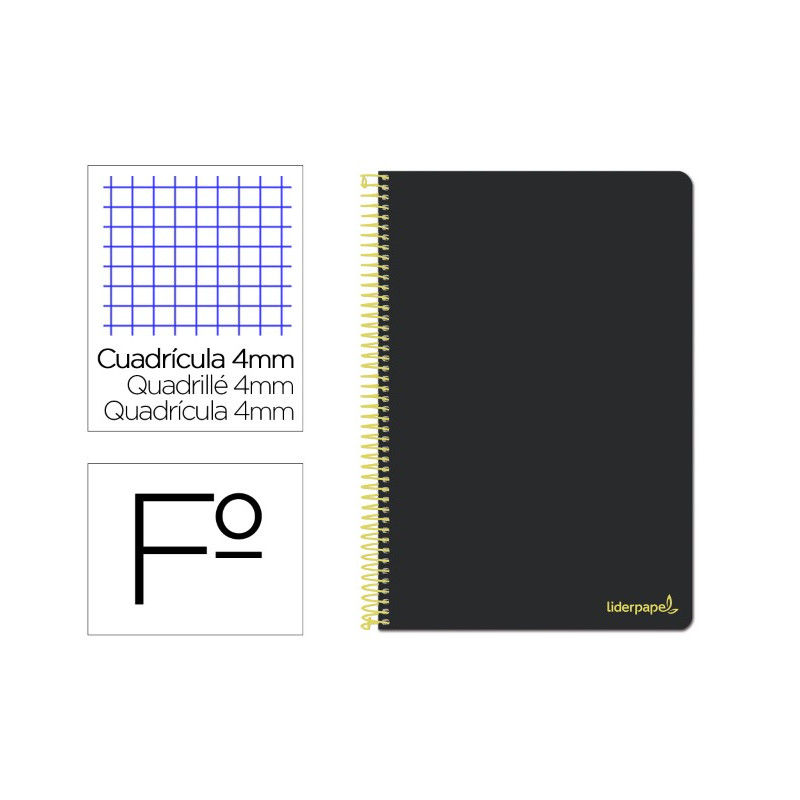 CUADERNO ESPIRAL LIDERPAPEL FOLIO SMART TAPA BLANDA 80H 60GR CUADRO 4MM CON MARGEN COLOR NEGRO