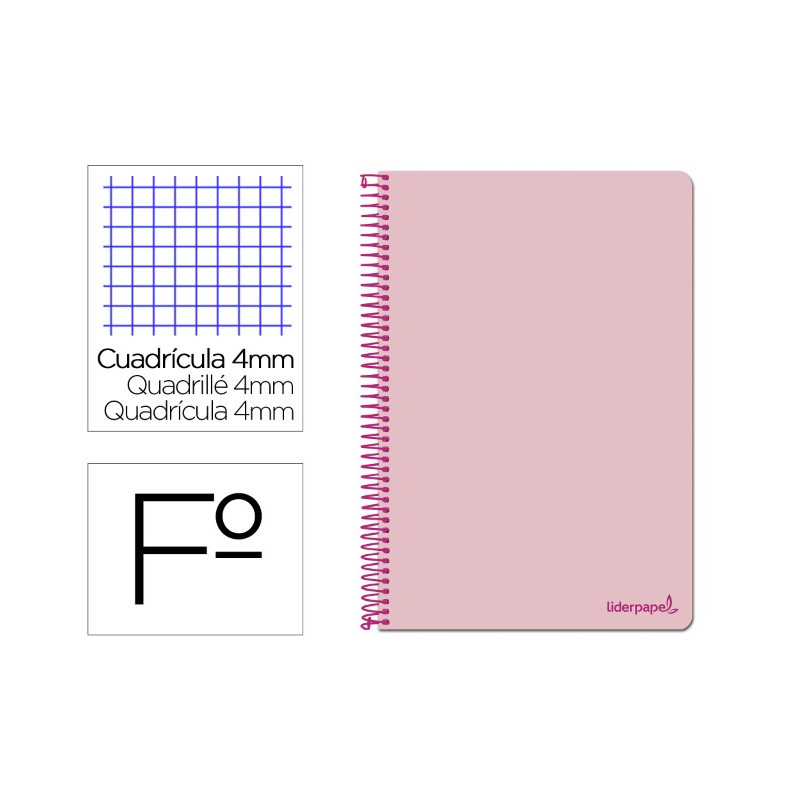 CUADERNO ESPIRAL LIDERPAPEL FOLIO SMART TAPA BLANDA 80H 60GR CUADRO 4MM CON MARGEN COLOR ROSA