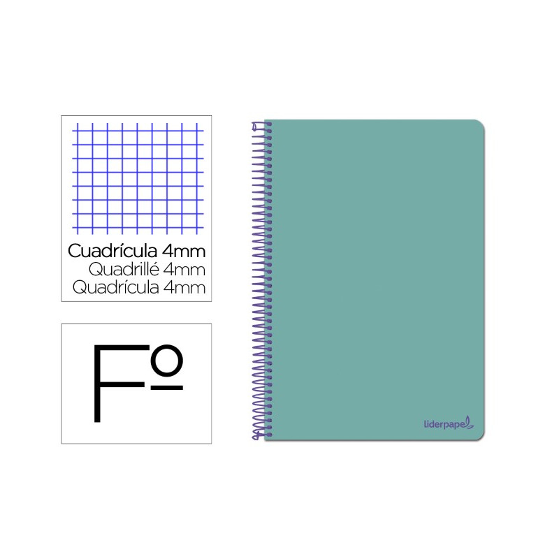 CUADERNO ESPIRAL LIDERPAPEL FOLIO SMART TAPA BLANDA 80H 60GR CUADRO 4MM CON MARGEN COLOR TURQUESA