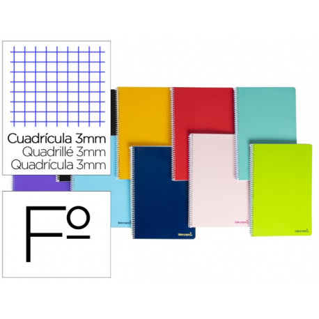 CUADERNO ESPIRAL LIDERPAPEL FOLIO SMART TAPA BLANDA 80H 60GR CUADRO 3 MM CON MARGEN COLORES SURTIDOS