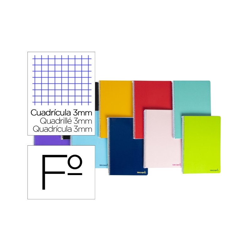 CUADERNO ESPIRAL LIDERPAPEL FOLIO SMART TAPA BLANDA 80H 60GR CUADRO 3 MM CON MARGEN COLORES SURTIDOS