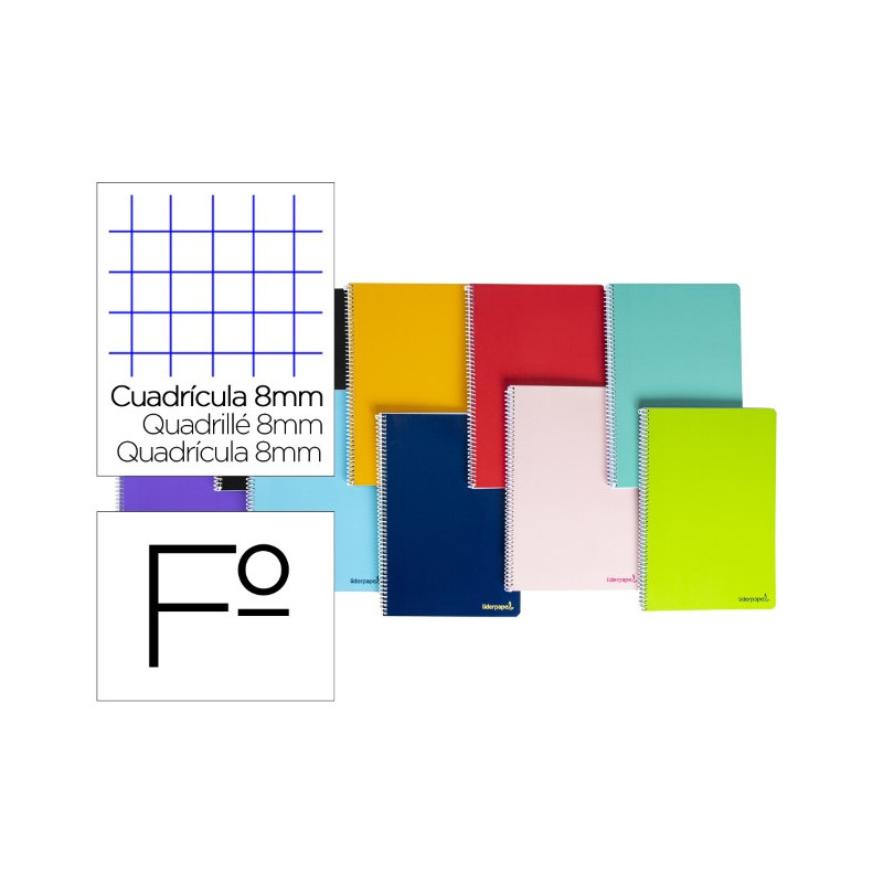 CUADERNO ESPIRAL LIDERPAPEL FOLIO SMART TAPA BLANDA 80H 60GR CUADRO 8 MM CON MARGEN COLORES SURTIDOS