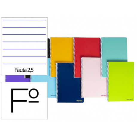 CUADERNO ESPIRAL LIDERPAPEL FOLIO SMART TAPA BLANDA 80H 60GR PAUTA 2,5MM CON MARGEN COLORES SURTIDOS