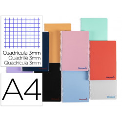 CUADERNO ESPIRAL LIDERPAPEL A4 WONDER TAPA PLASTICO 80H 90GR CUADRO 3MM CON MARGEN COLORES SURTIDOS