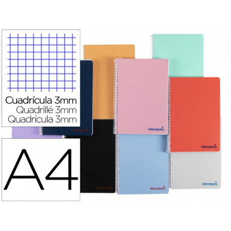 CUADERNO ESPIRAL LIDERPAPEL A4 WONDER TAPA PLASTICO 80H 90GR CUADRO 3MM CON MARGEN COLORES SURTIDOS