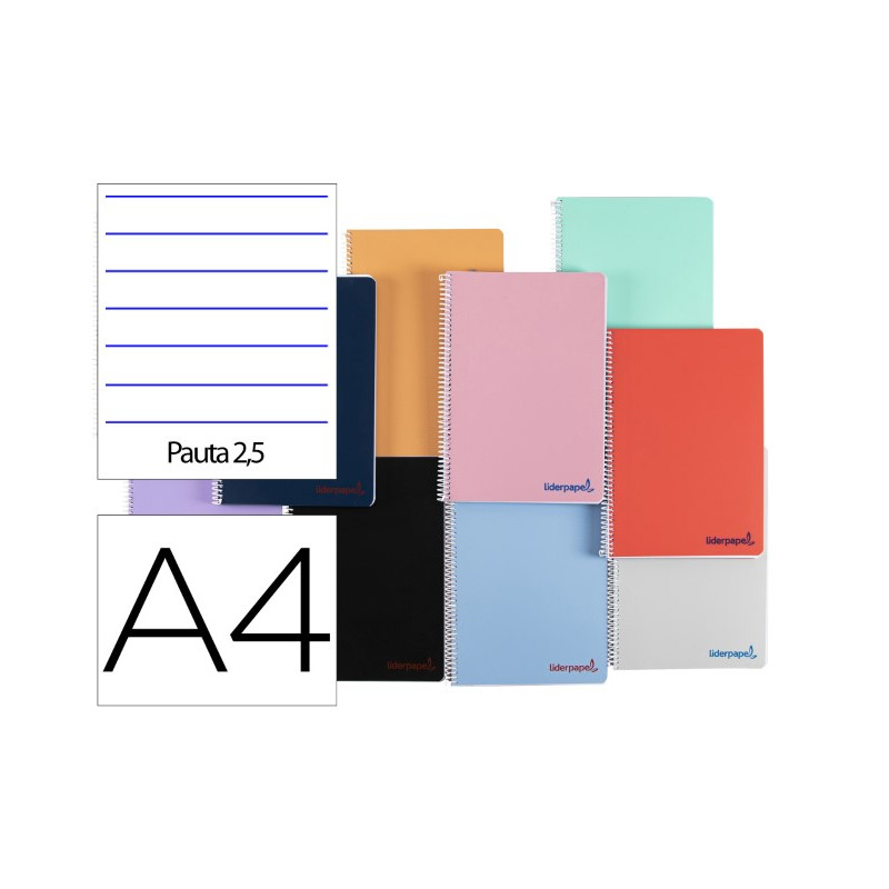 CUADERNO ESPIRAL LIDERPAPEL A4 WONDER TAPA PLASTICO 80H 90GR PAUTA ESTRECHA 2,5MM CON MARGEN COLORES