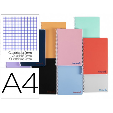 CUADERNO ESPIRAL LIDERPAPEL A4 WONDER TAPA PLASTICO 80H 90GR MILIMETRADO 2MM CON MARGEN COLORES SURT