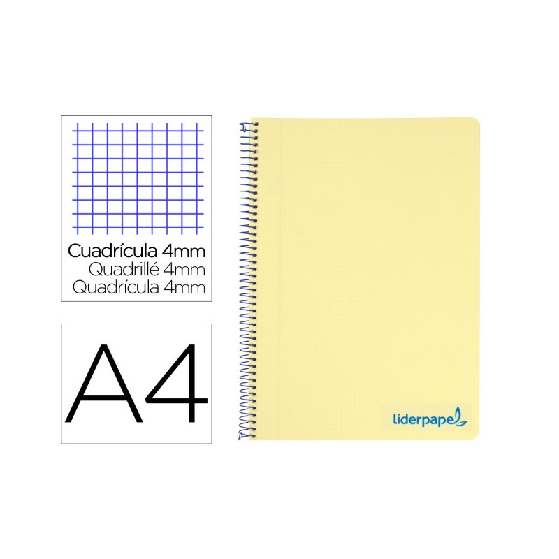 CUADERNO ESPIRAL LIDERPAPEL A4 WONDER TAPA PLASTICO 80H 90GR CUADRO 4MM CON MARGEN COLOR AMARILLO