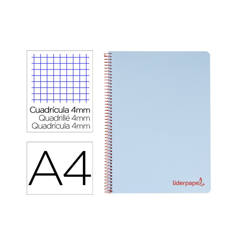 CUADERNO ESPIRAL LIDERPAPEL A4 WONDER TAPA PLASTICO 80H 90GR CUADRO 4MM CON MARGEN COLOR AZUL