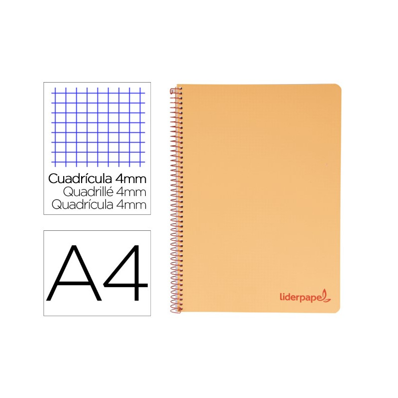 CUADERNO ESPIRAL LIDERPAPEL A4 WONDER TAPA PLASTICO 80H 90GR CUADRO 4MM CON MARGEN COLOR NARANJA