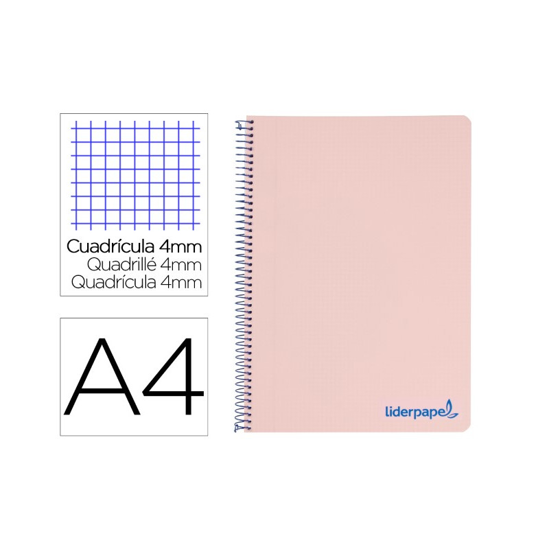 CUADERNO ESPIRAL LIDERPAPEL A4 WONDER TAPA PLASTICO 80H 90GR CUADRO 4MM CON MARGEN COLOR ROSA