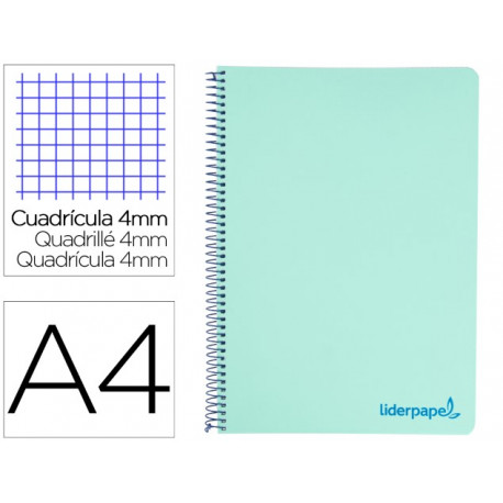 CUADERNO ESPIRAL LIDERPAPEL A4 WONDER TAPA PLASTICO 80H 90GR CUADRO 4MM CON MARGEN COLOR VERDE PASTE