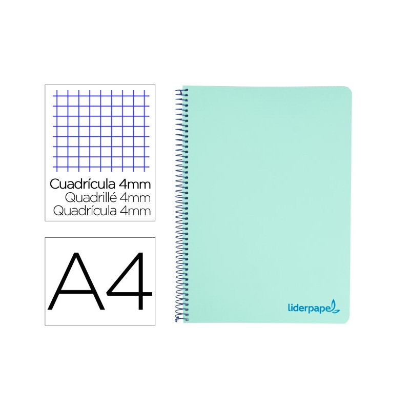 CUADERNO ESPIRAL LIDERPAPEL A4 WONDER TAPA PLASTICO 80H 90GR CUADRO 4MM CON MARGEN COLOR VERDE PASTE