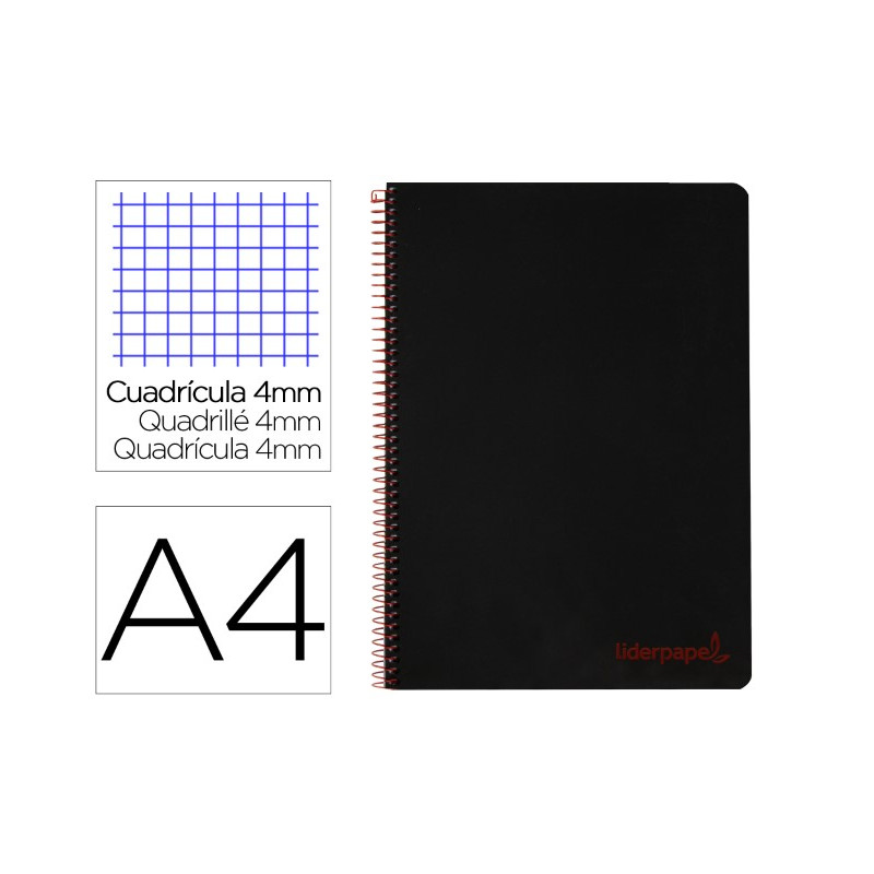 CUADERNO ESPIRAL LIDERPAPEL A4 WONDER TAPA PLASTICO 80H 90GR CUADRO 4MM CON MARGEN COLOR NEGRO