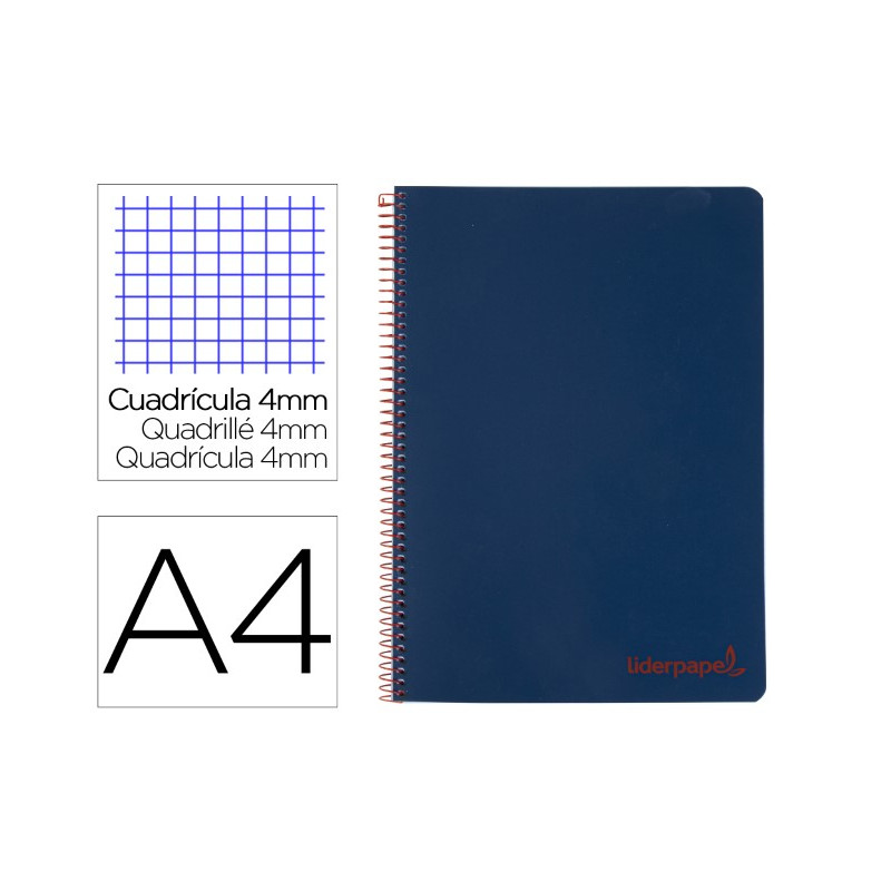 CUADERNO ESPIRAL LIDERPAPEL A4 WONDER TAPA PLASTICO 80H 90GR CUADRO 4MM CON MARGEN COLOR AZUL MARINO