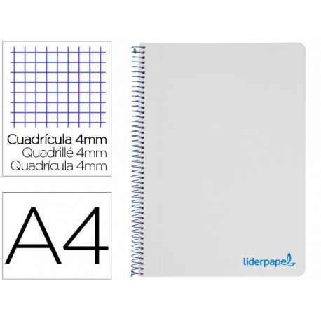 CUADERNO ESPIRAL LIDERPAPEL A4 WONDER TAPA PLASTICO 80H 90GR CUADRO 4MM CON MARGEN COLOR GRIS