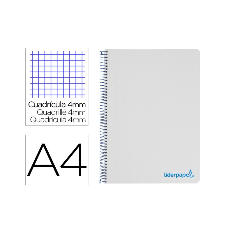 CUADERNO ESPIRAL LIDERPAPEL A4 WONDER TAPA PLASTICO 80H 90GR CUADRO 4MM CON MARGEN COLOR GRIS