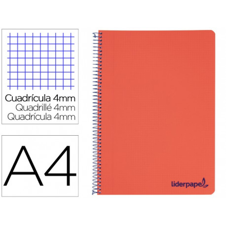 CUADERNO ESPIRAL LIDERPAPEL A4 WONDER TAPA PLASTICO 80H 90GR CUADRO 4MM CON MARGEN COLOR ROJO