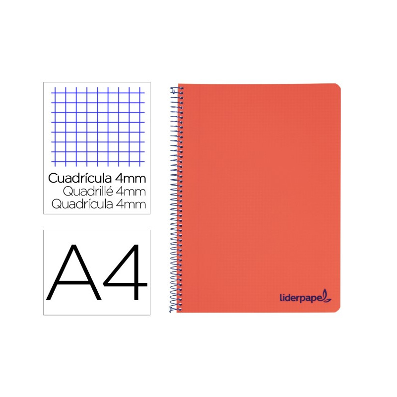 CUADERNO ESPIRAL LIDERPAPEL A4 WONDER TAPA PLASTICO 80H 90GR CUADRO 4MM CON MARGEN COLOR ROJO