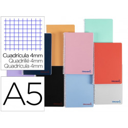 CUADERNO ESPIRAL LIDERPAPEL A5 WONDER TAPA PLASTICO 80H 90G CUADRO 4MM CON MARGEN COLORES SURTIDOS