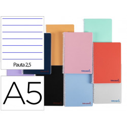 CUADERNO ESPIRAL LIDERPAPEL A5 WONDER TAPA PLASTICO 80H 90G PAUTA ESTRECHA 2,5MM CON MARGEN COLORES 