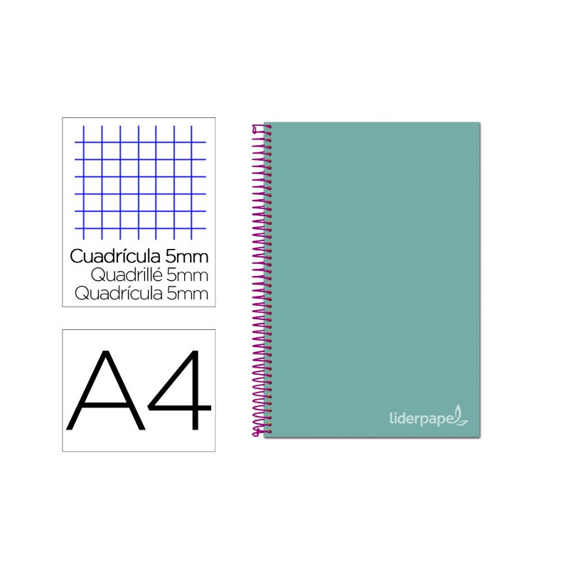 CUADERNO ESPIRAL LIDERPAPEL A4 MICRO JOLLY TAPA FORRADA 140H 75 GR CUADRO 5MM 5 BANDAS4 TALADROS COL