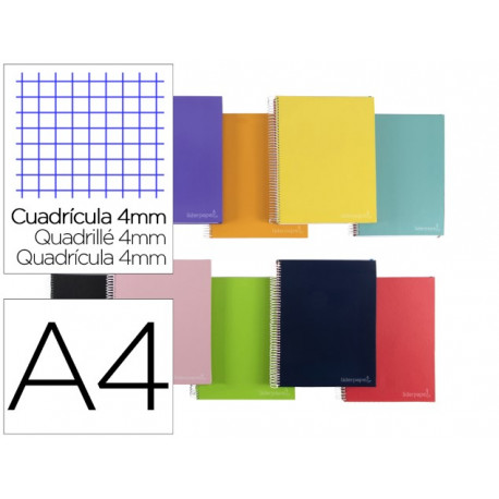 CUADERNO ESPIRAL LIDERPAPEL A4 MICRO JOLLY TAPA FORRADA 140H 75 GR CUADRO 4MM 5 BANDAS4 TALADROS COL