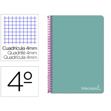 CUADERNO ESPIRAL LIDERPAPEL CUARTO WITTY TAPA DURA 80H 75GR CUADRO 4MM CON MARGEN COLOR TURQUESA