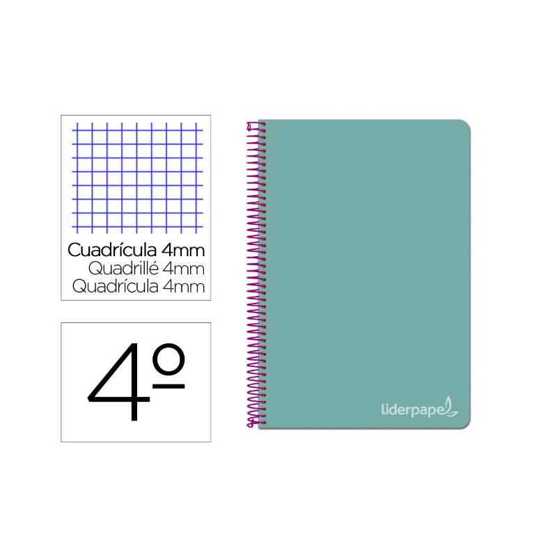 CUADERNO ESPIRAL LIDERPAPEL CUARTO WITTY TAPA DURA 80H 75GR CUADRO 4MM CON MARGEN COLOR TURQUESA