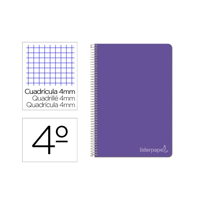 CUADERNO ESPIRAL LIDERPAPEL CUARTO WITTY TAPA DURA 80H 75GR CUADRO 4MM CON MARGEN COLOR VIOLETA