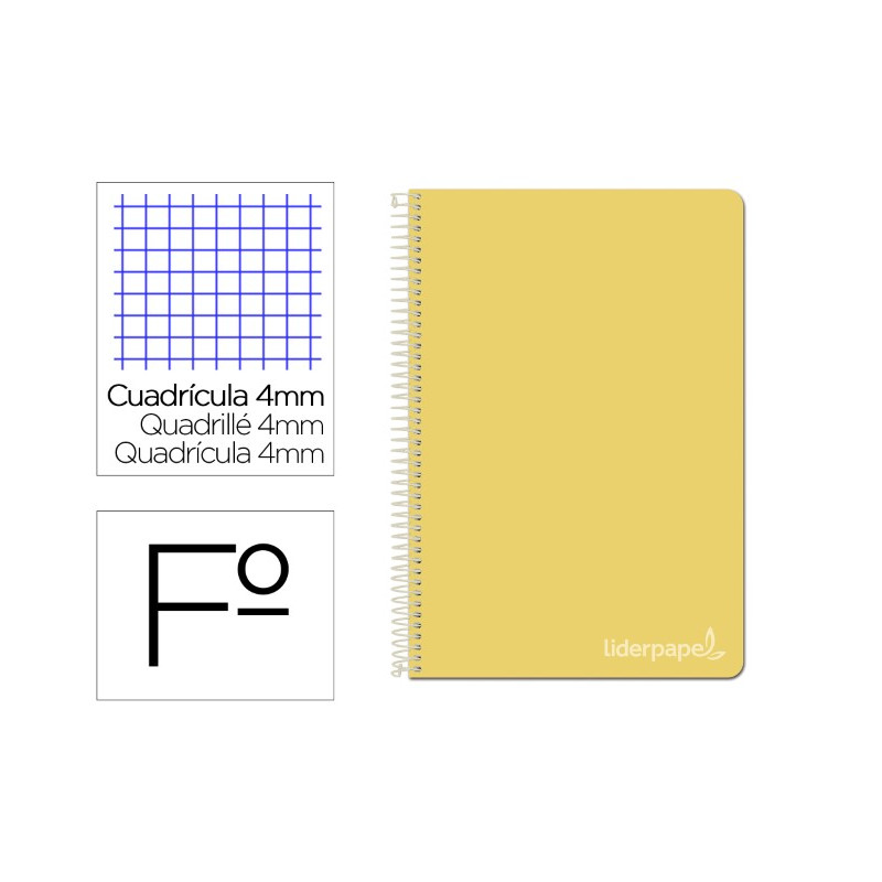 CUADERNO ESPIRAL LIDERPAPEL FOLIO WITTY TAPA DURA 80H 75GR CUADRO 4MM CON MARGEN COLOR AMARILLO