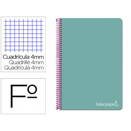 CUADERNO ESPIRAL LIDERPAPEL FOLIO WITTY TAPA DURA 80H 75GR CUADRO 4MM CON MARGEN COLOR TURQUESA