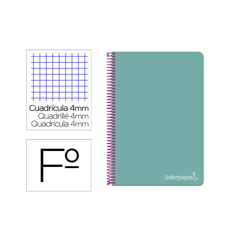 CUADERNO ESPIRAL LIDERPAPEL FOLIO WITTY TAPA DURA 80H 75GR CUADRO 4MM CON MARGEN COLOR TURQUESA