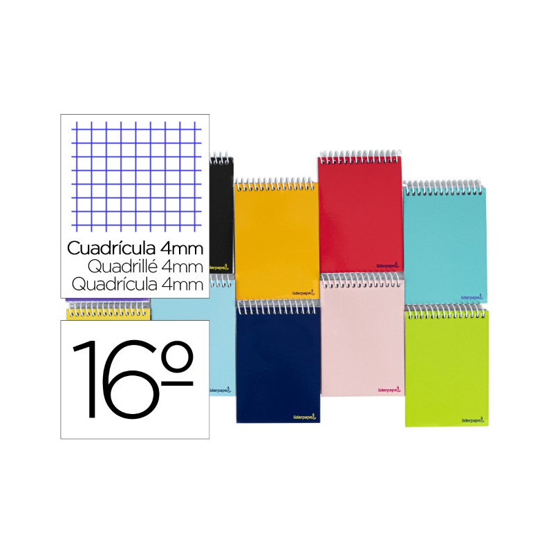 CUADERNO ESPIRAL LIDERPAPEL BOLSILLO DIECISEAVO APAISADO SMART TAPA BLANDA 80H 60GR CUADRO 4MM COLOR