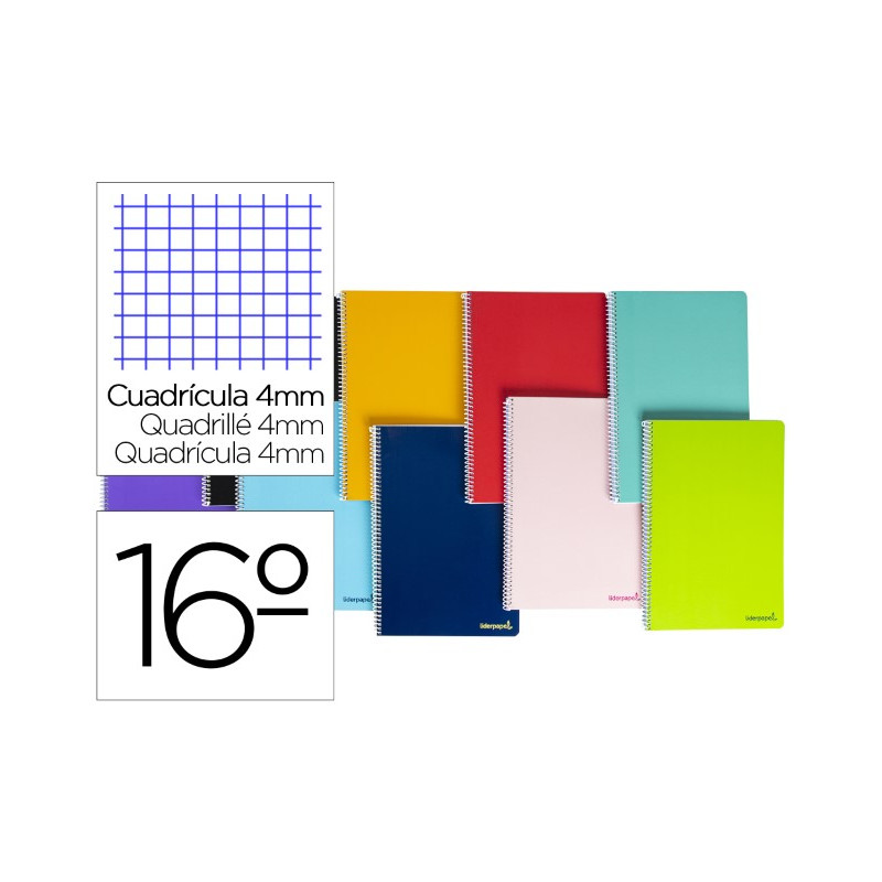 CUADERNO ESPIRAL LIDERPAPEL BOLSILLO DIECISEAVO SMART TAPA BLANDA 80H 60GR CUADRO 4MM COLORES SURTID