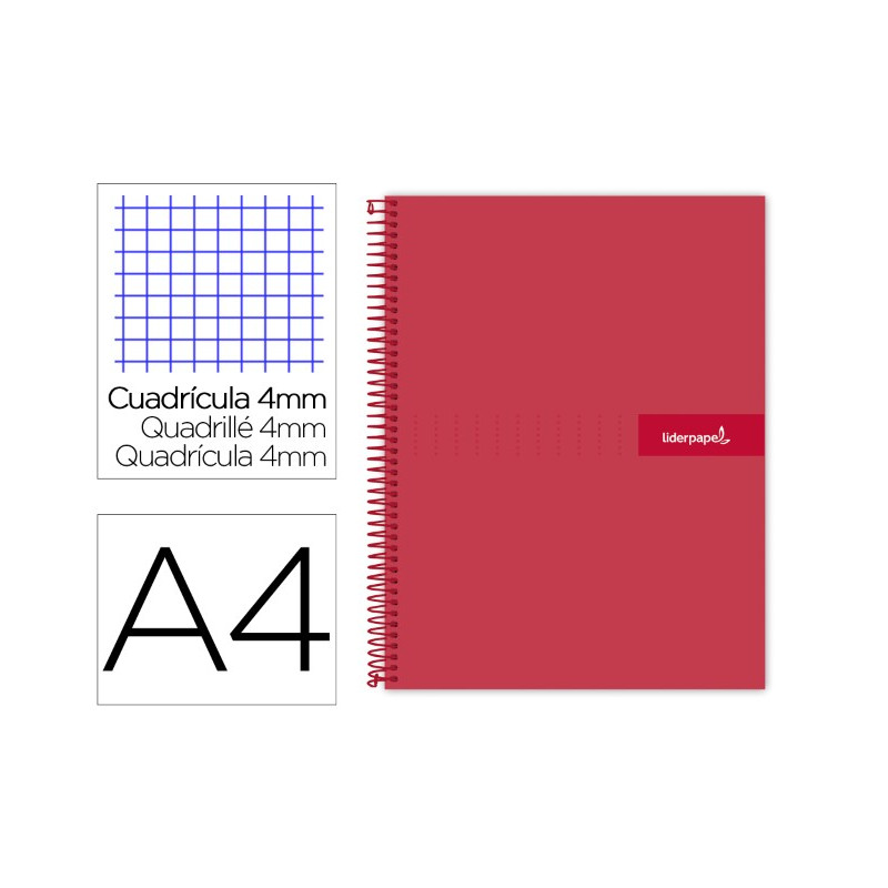 CUADERNO ESPIRAL LIDERPAPEL A4 CRAFTY TAPA FORRADA 80H 90 GR CUADRO 4MM CON MARGEN COLOR ROJA