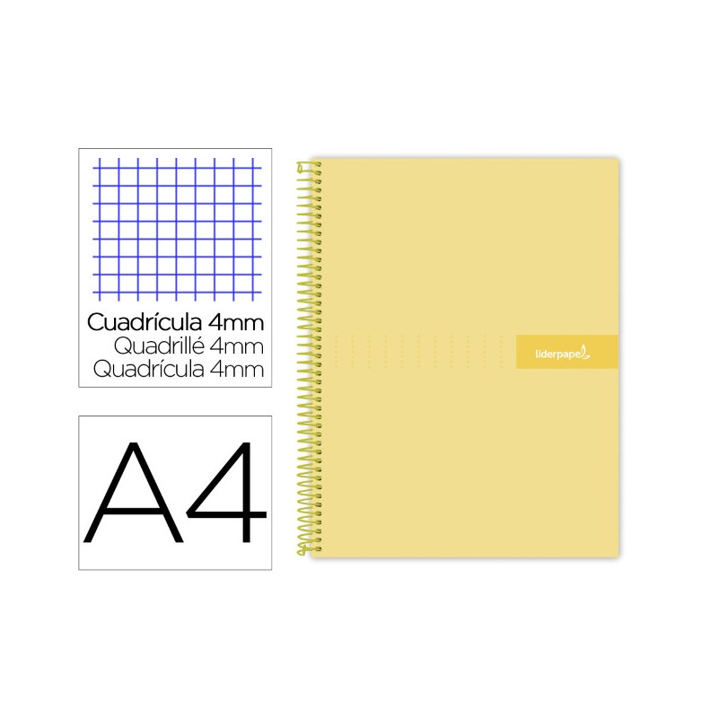 CUADERNO ESPIRAL LIDERPAPEL A4 CRAFTY TAPA FORRADA 80H 90 GR CUADRO 4MM CON MARGEN COLOR AMARILLO