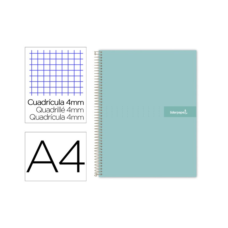 CUADERNO ESPIRAL LIDERPAPEL A4 CRAFTY TAPA FORRADA 80H 90 GR CUADRO 4MM CON MARGEN COLOR TURQUESA