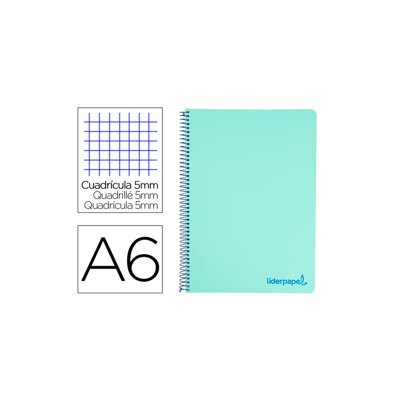 CUADERNO ESPIRAL LIDERPAPEL A6 MICRO WONDER TAPA PLASTICO 120H 90 GR CUADRO 5MM 4 BANDASCOLOR VERDE 