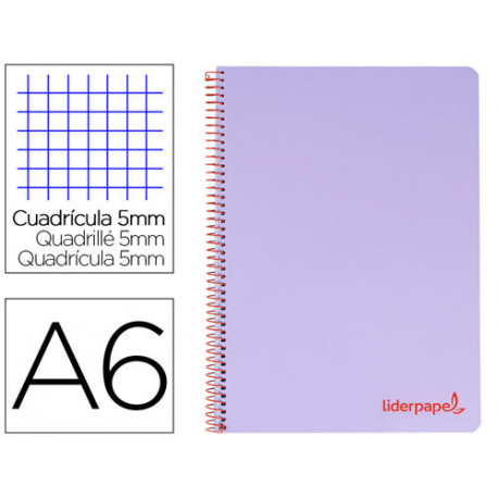 CUADERNO ESPIRAL LIDERPAPEL A6 MICRO WONDER TAPA PLASTICO 120H 90 GR CUADRO 5MM 4 BANDAS COLOR VIOLE