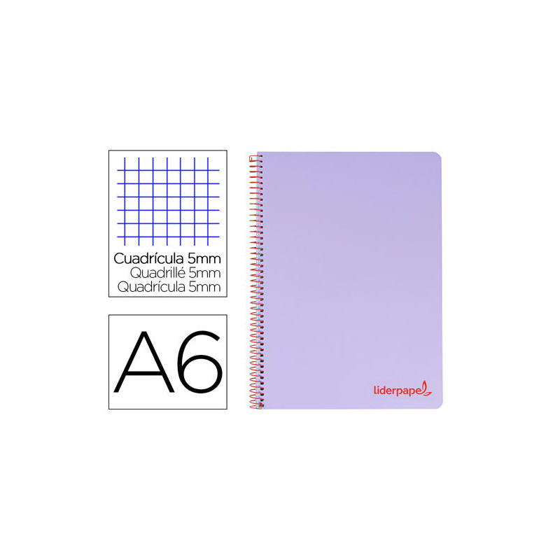 CUADERNO ESPIRAL LIDERPAPEL A6 MICRO WONDER TAPA PLASTICO 120H 90 GR CUADRO 5MM 4 BANDAS COLOR VIOLE